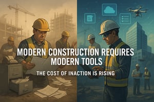 Split-screen digital illustration showing two contrasting construction sites. On the left, a dusty, outdated site with workers using paper blueprints and manual tools, surrounded by clutter and inefficiency. On the right, a clean, modern site with workers using tablets, drones flying overhead, and holographic project management interfaces. Bold central text reads: “MODERN CONSTRUCTION REQUIRES MODERN TOOLS,” with a subheading: “THE COST OF INACTION IS RISING.”