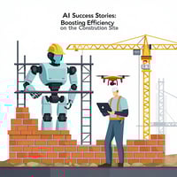 A flat-style digital illustration titled "AI Success Stories: Boosting Efficiency on the Construction Site" featuring a robotic bricklayer, a construction worker using a tablet, and a drone surveying the area. The background shows a partially built structure with scaffolding and a crane, symbolising the integration of AI and automation in modern construction projects.