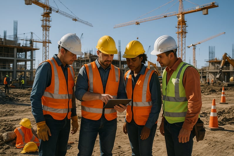 The image depicts a busy construction site buzzing with activity under a clear blue sky In the foreground a group of workers in safety helmets and vests are gathered around a digital tablet engaged in discussions about safety measures Scattered aroun-1