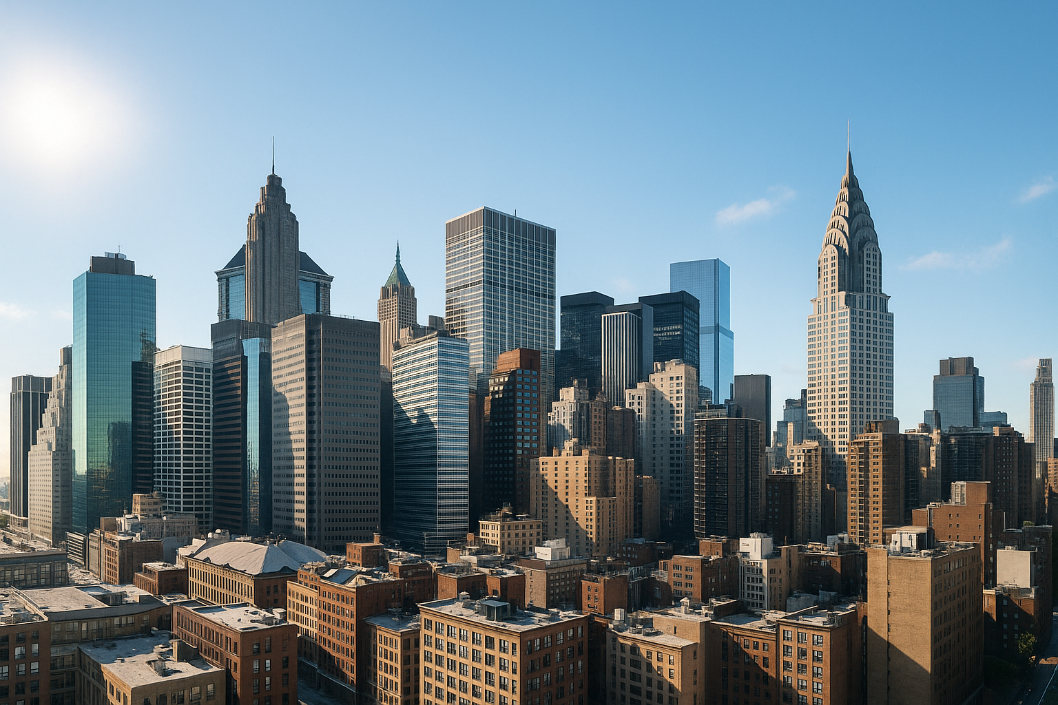 a city skyline of tall offices and buildings in bright sunlight-1