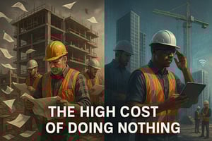 **Alt Text:**   Split-screen illustration of a construction site. On the left, a chaotic, outdated site with paper blueprints flying in the wind, frustrated workers, and an incomplete structure. On the right, a sleek, modern site with workers using tablets and AR glasses, a nearly finished futuristic building, and clean digital overlays symbolising efficiency and AI integration.